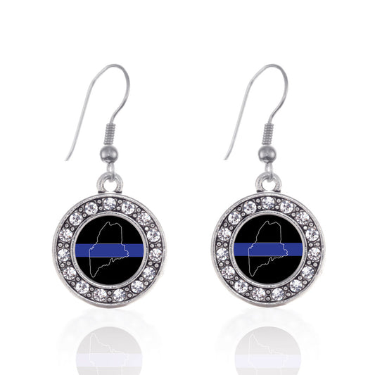 Silver Maine Thin Blue Line Circle Charm Dangle Earrings