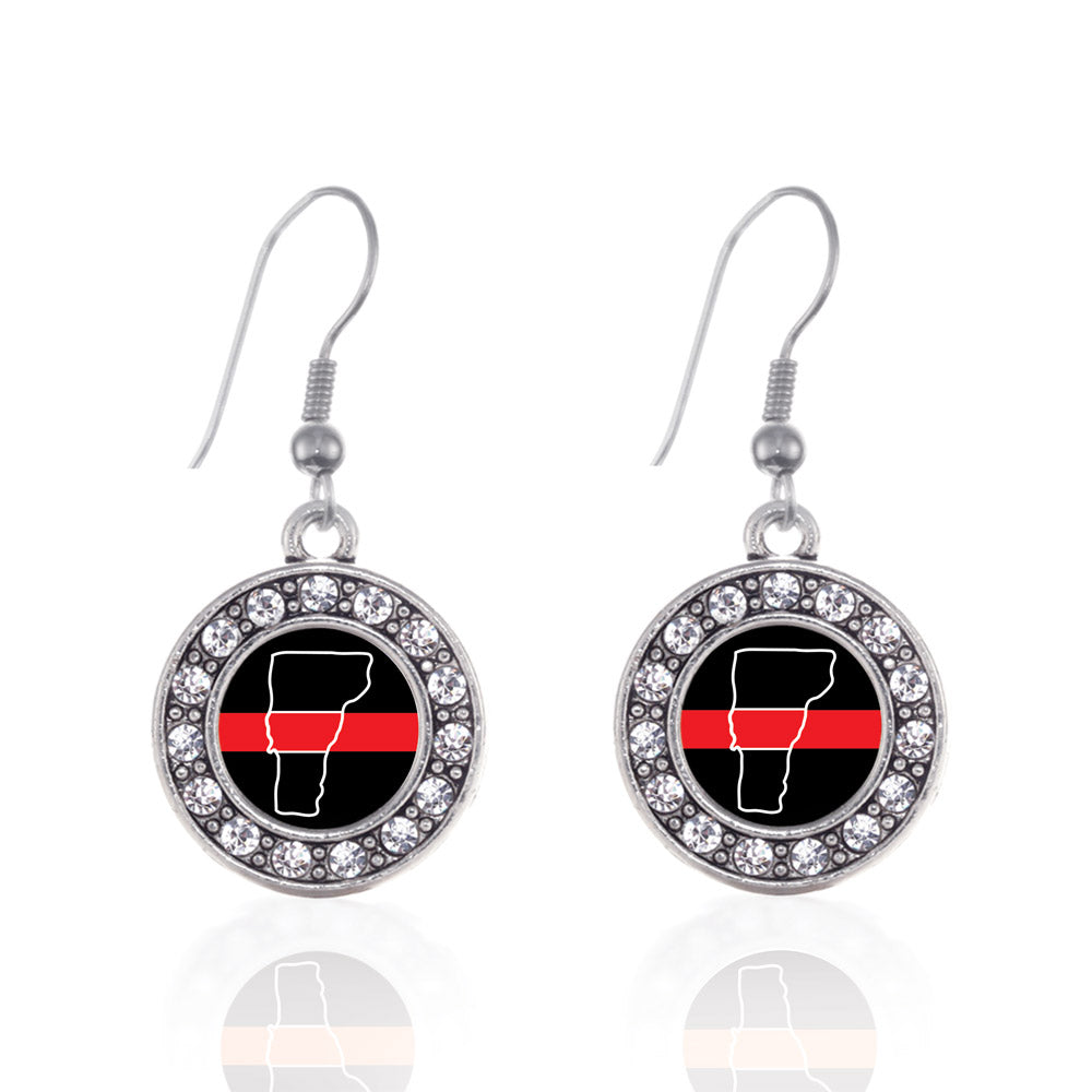 Silver Vermont Thin Red Line Circle Charm Dangle Earrings