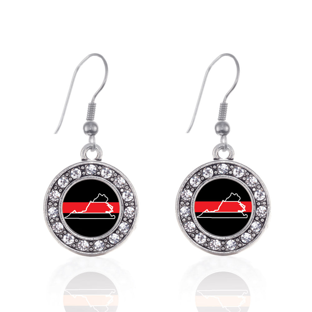 Silver Virginia Thin Red Line Circle Charm Dangle Earrings