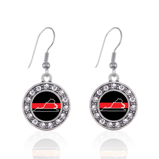 Silver Virginia Thin Red Line Circle Charm Dangle Earrings