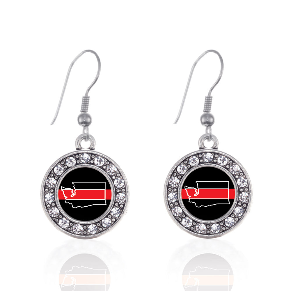 Silver Washington Thin Red Line Circle Charm Dangle Earrings