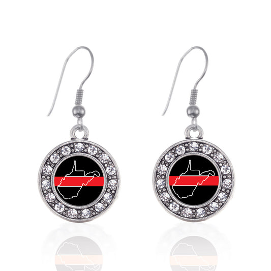 Silver West Virginia Thin Red Line Circle Charm Dangle Earrings