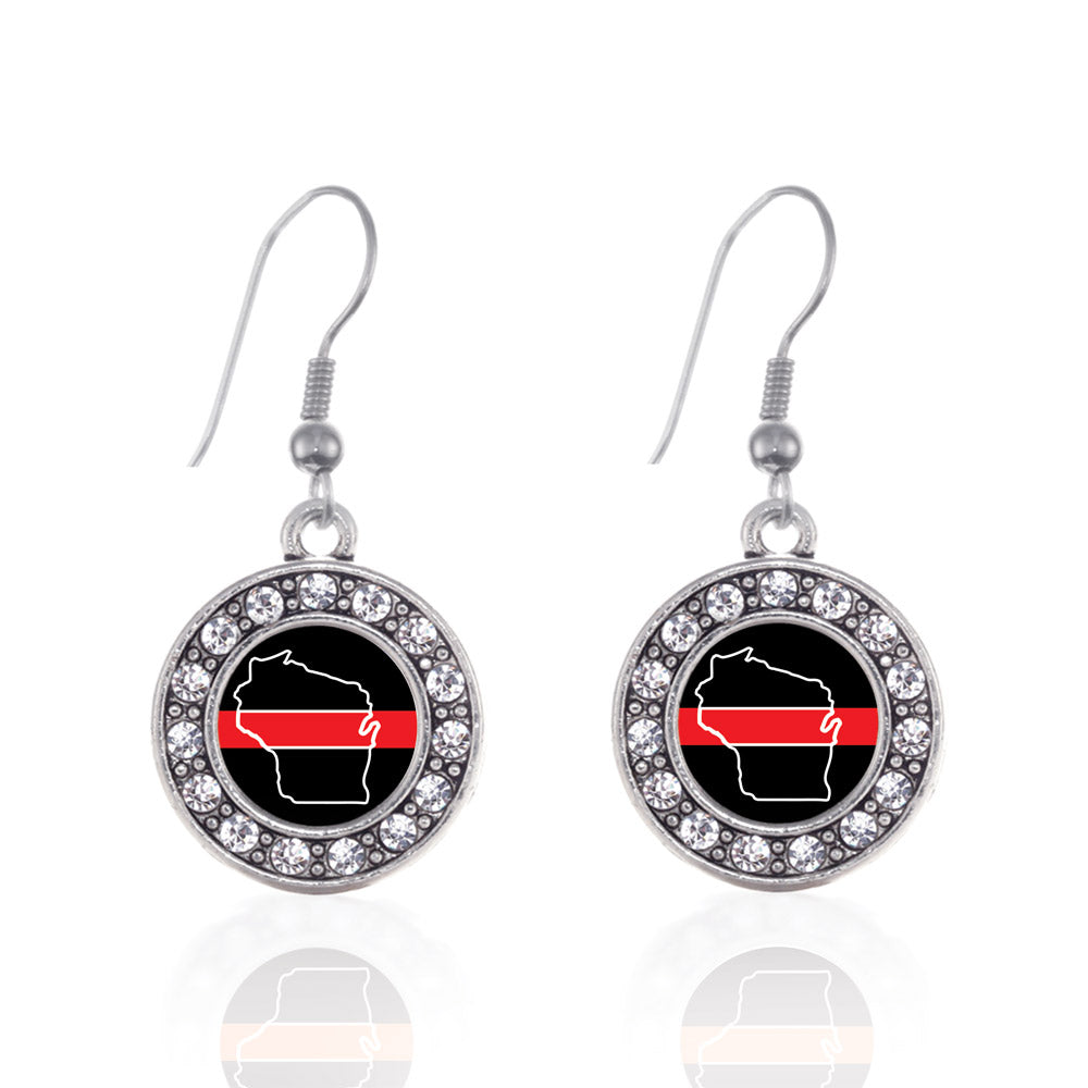 Silver Wisconsin Thin Red Line Circle Charm Dangle Earrings