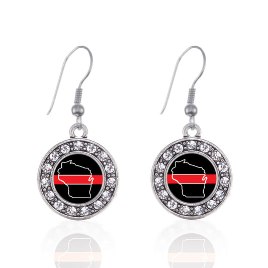 Silver Wisconsin Thin Red Line Circle Charm Dangle Earrings