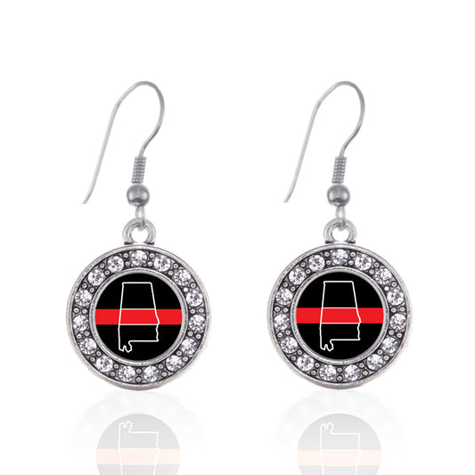 Silver Alabama Thin Red Line Circle Charm Dangle Earrings