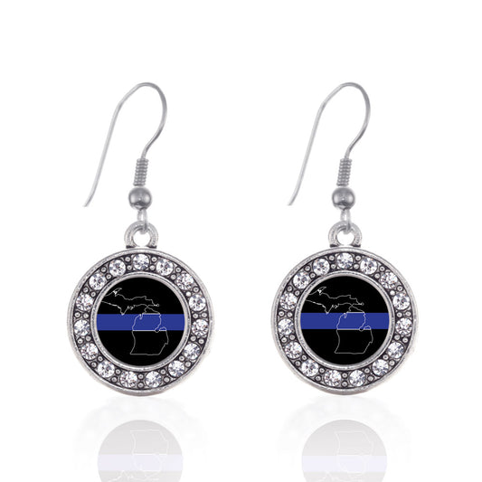 Silver Michigan Thin Blue Line Circle Charm Dangle Earrings