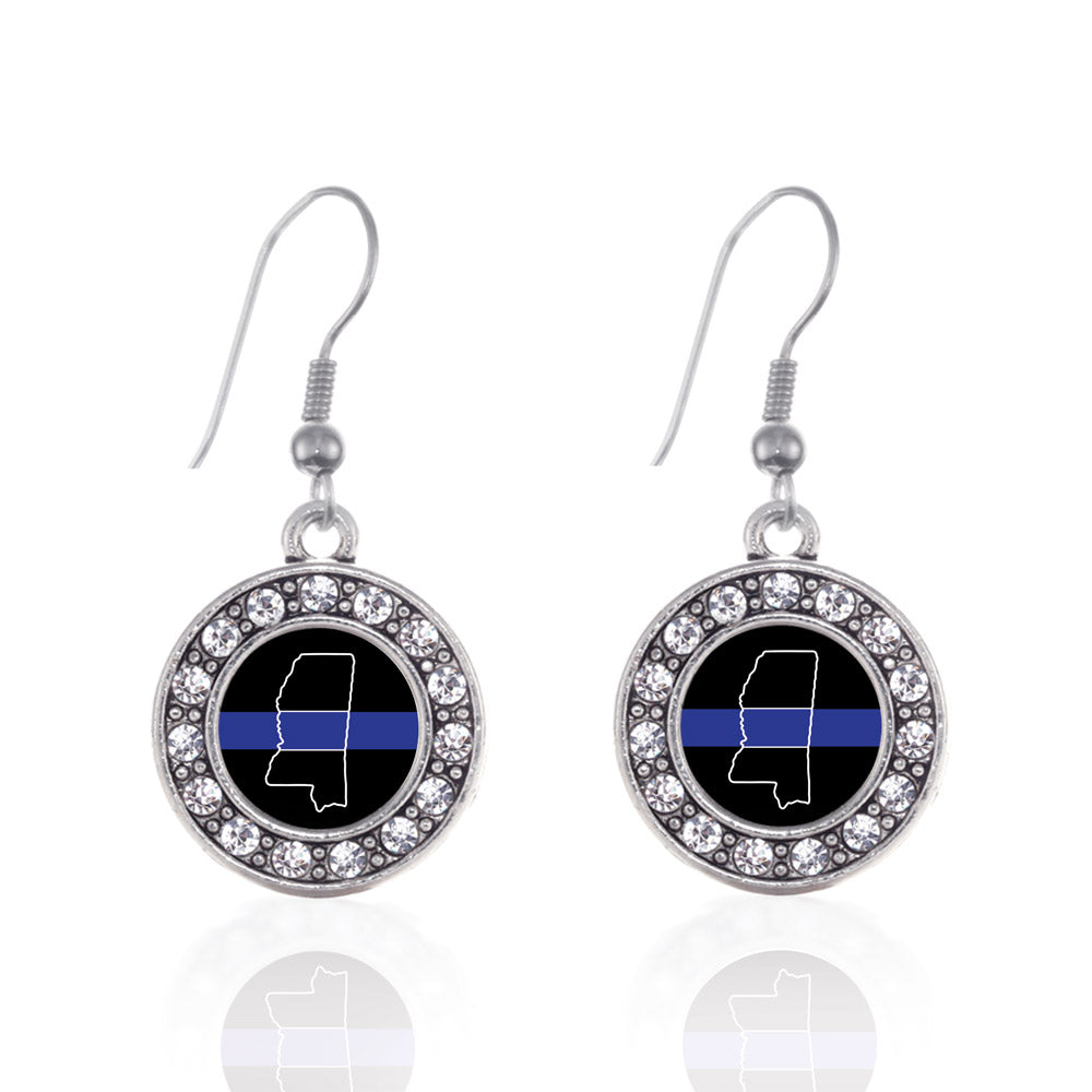 Silver Mississippi Thin Blue Line Circle Charm Dangle Earrings