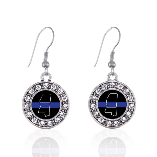 Silver Mississippi Thin Blue Line Circle Charm Dangle Earrings
