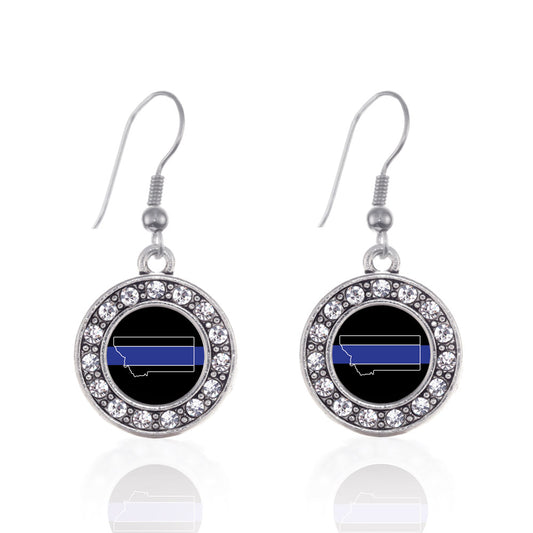 Silver Montana Thin Blue Line Circle Charm Dangle Earrings