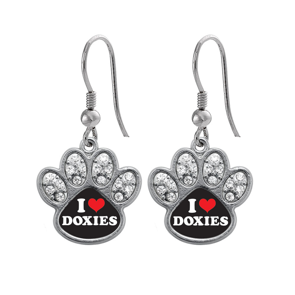 Silver I Love Doxies Pave Paw Charm Dangle Earrings