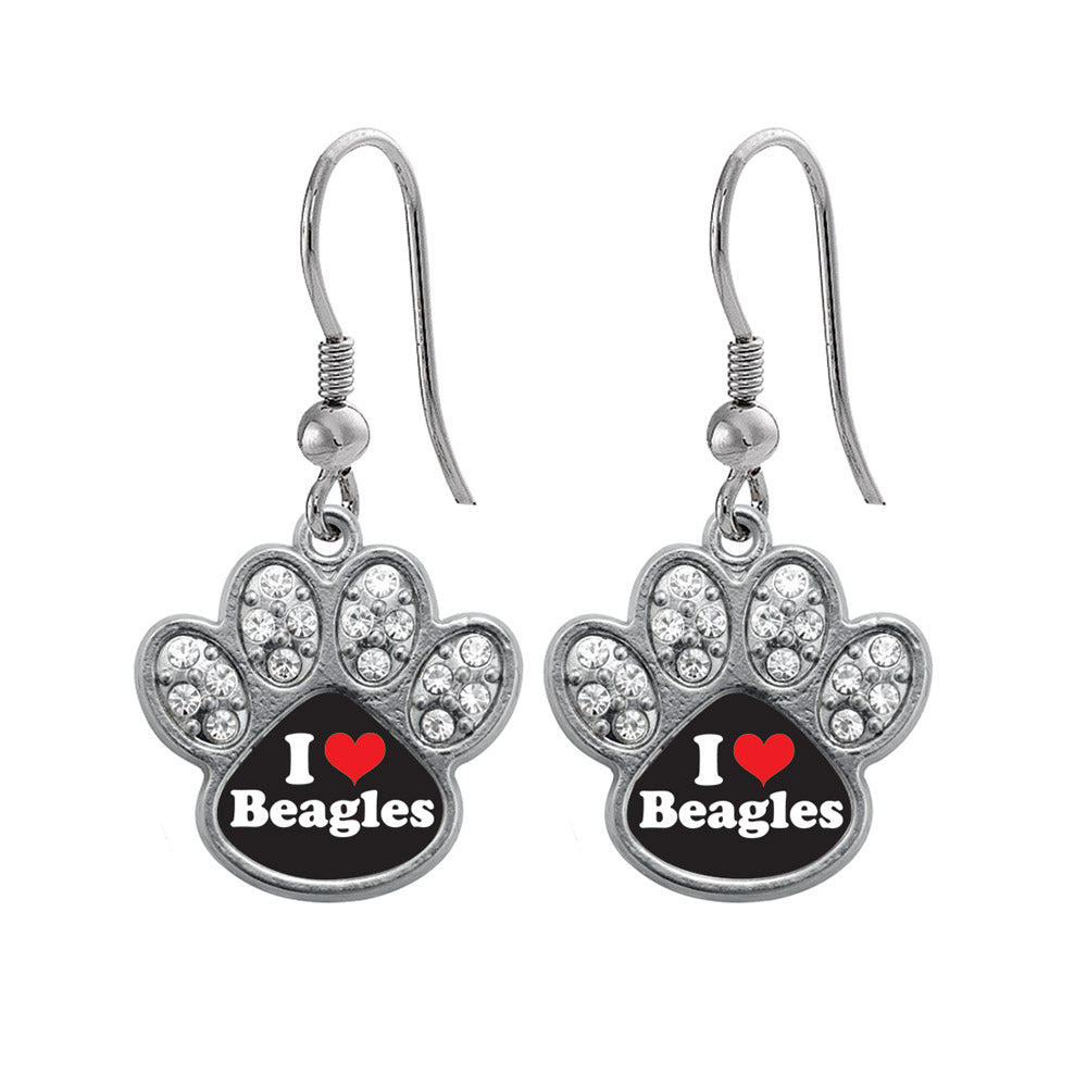 Silver I Love Beagles Pave Paw Charm Dangle Earrings
