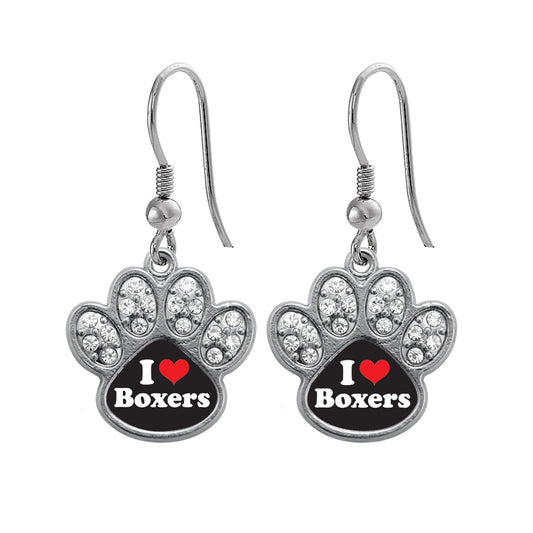 Silver I Love Boxers Pave Paw Charm Dangle Earrings