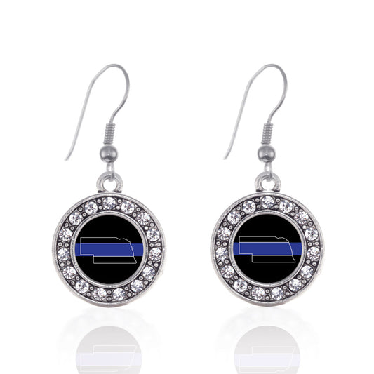 Silver Nebraska Thin Blue Line Circle Charm Dangle Earrings