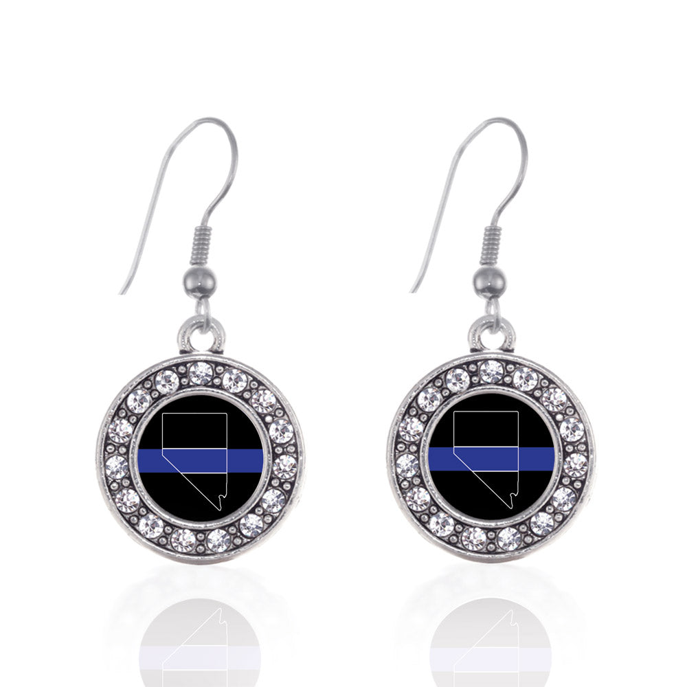 Silver Nevada Thin Blue Line Circle Charm Dangle Earrings