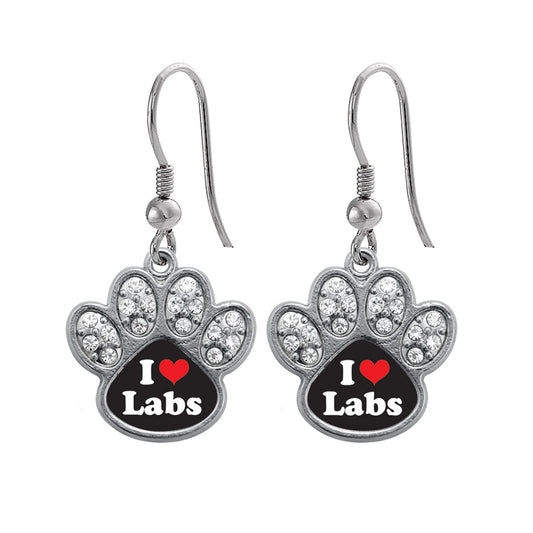 Silver I Love Labs Pave Paw Charm Dangle Earrings