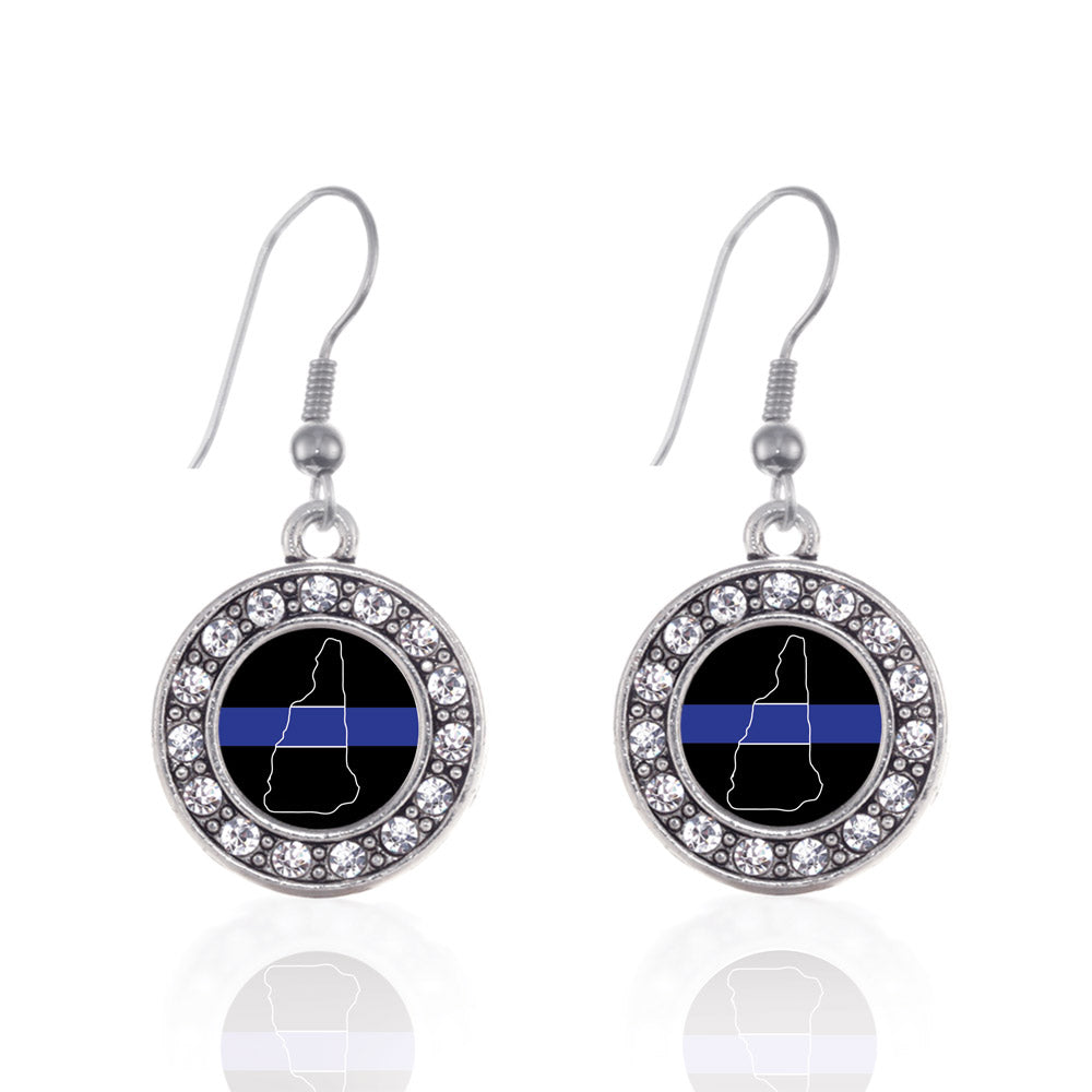 Silver New Hampshire Thin Blue Line Circle Charm Dangle Earrings