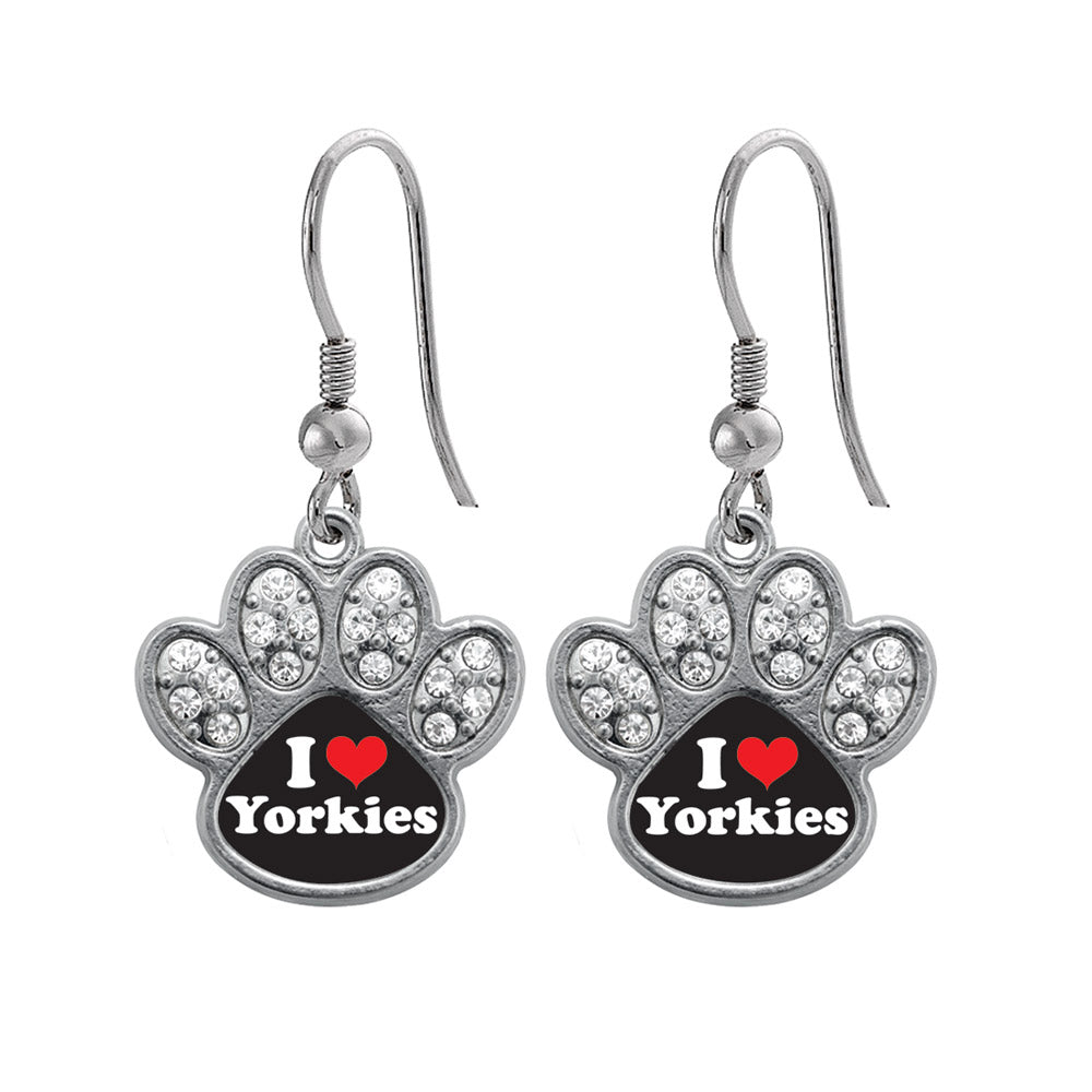 Silver I Love Yorkies Pave Paw Charm Dangle Earrings