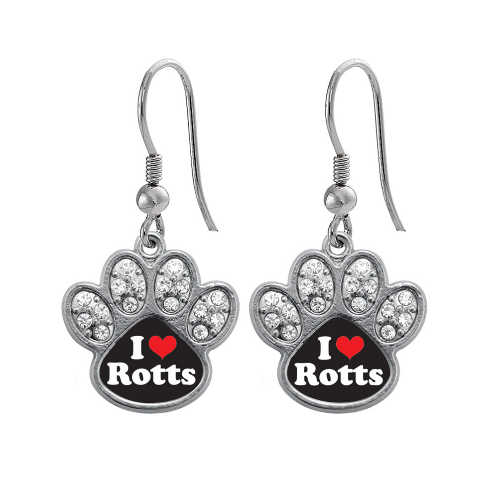 Silver I Love Rotts Pave Paw Charm Dangle Earrings