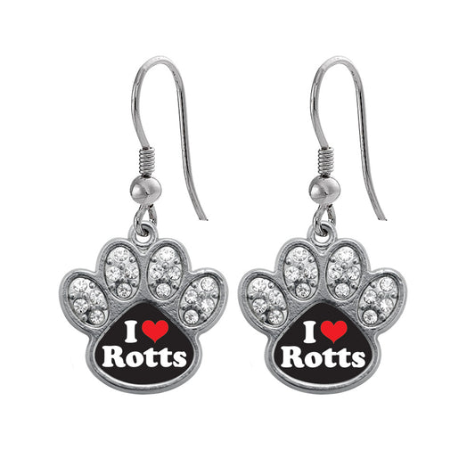 Silver I Love Rotts Pave Paw Charm Dangle Earrings