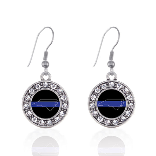 Silver North Carolina Thin Blue Line Circle Charm Dangle Earrings