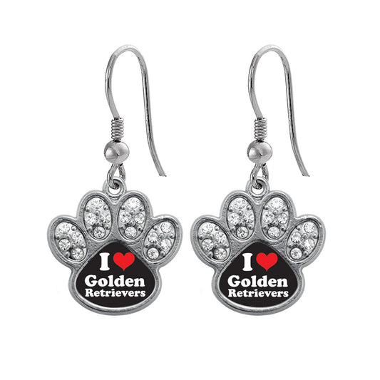 Silver I Love Golden Retievers Pave Paw Charm Dangle Earrings