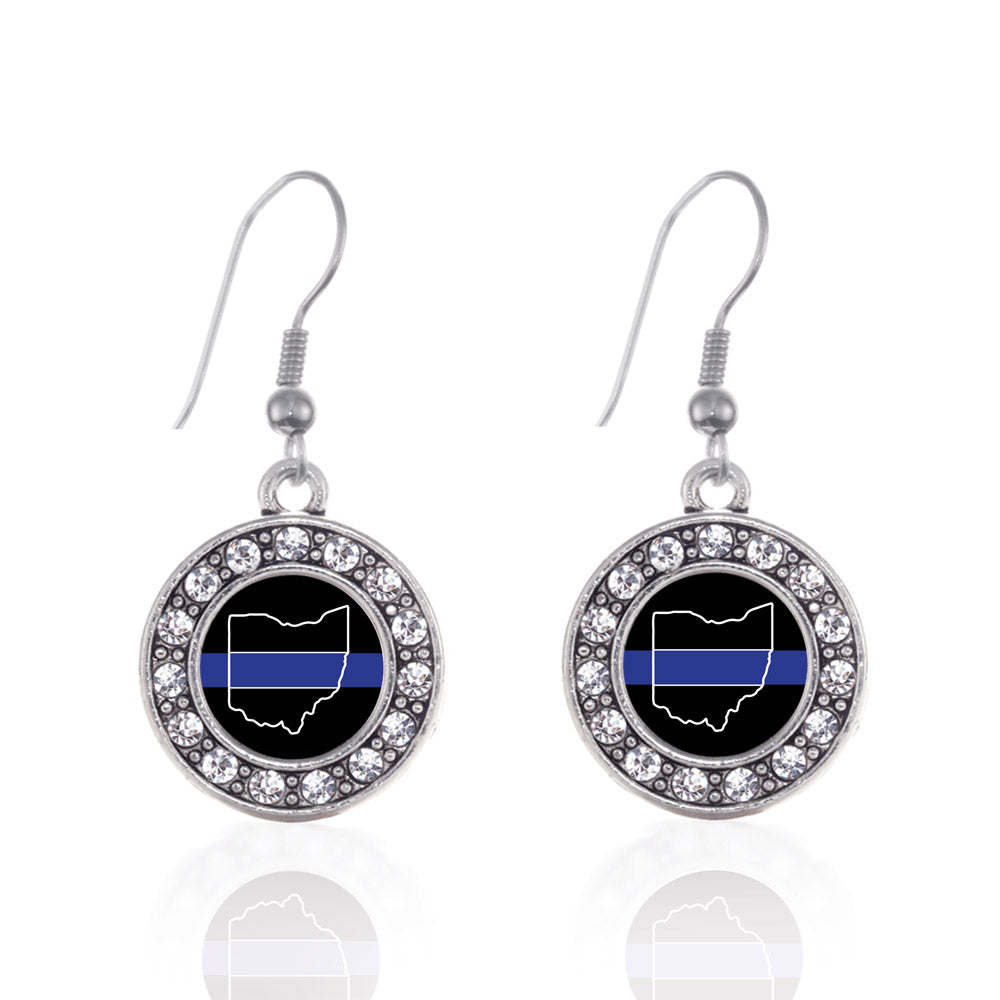 Silver Ohio Thin Blue Line Circle Charm Dangle Earrings