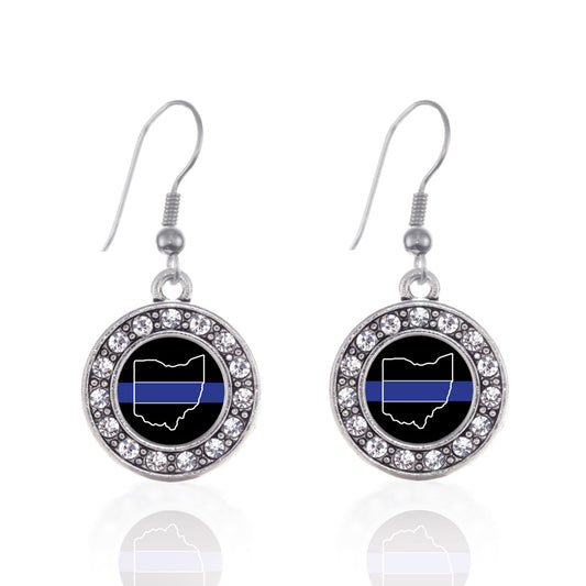 Silver Ohio Thin Blue Line Circle Charm Dangle Earrings