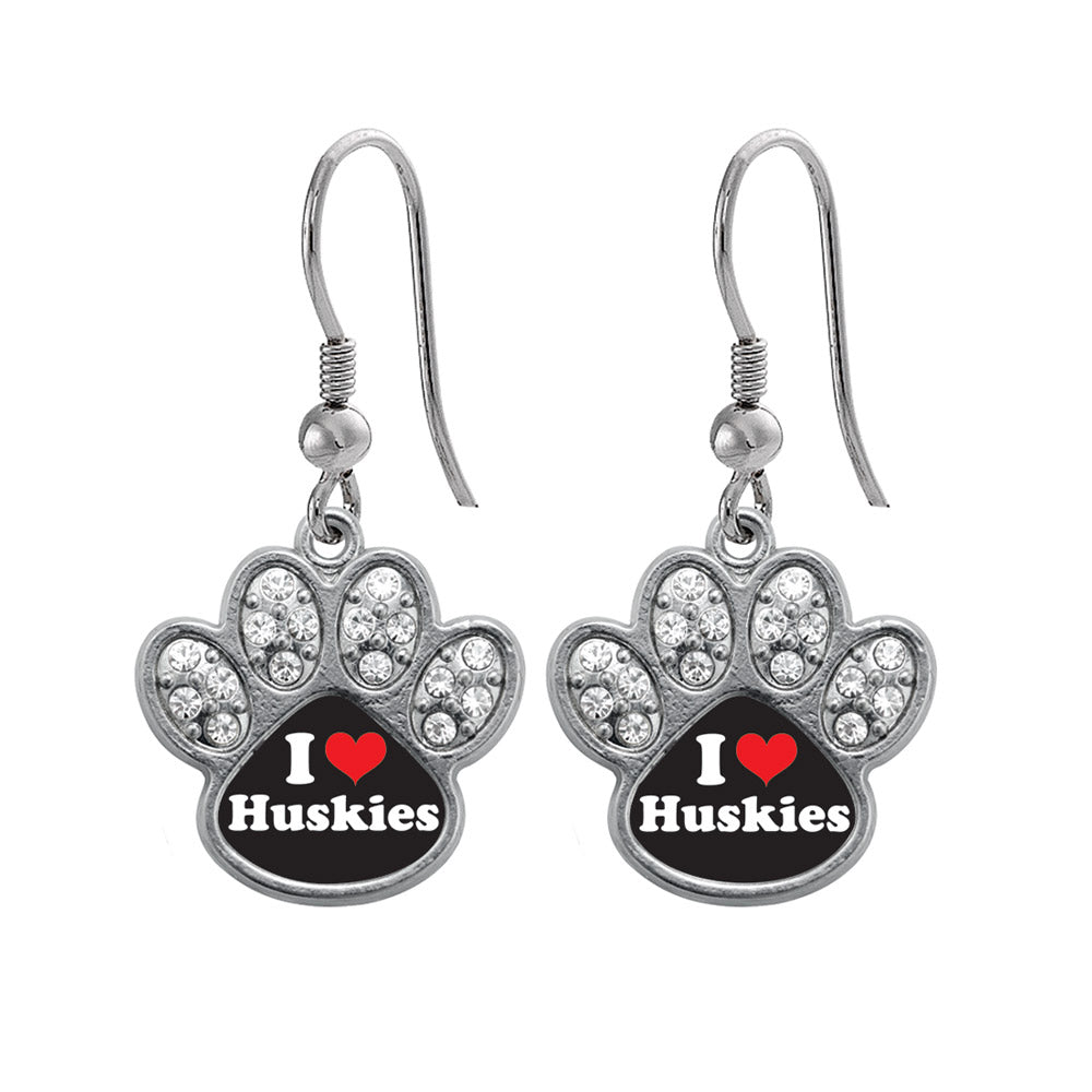 Silver I Love Huskies Pave Paw Charm Dangle Earrings