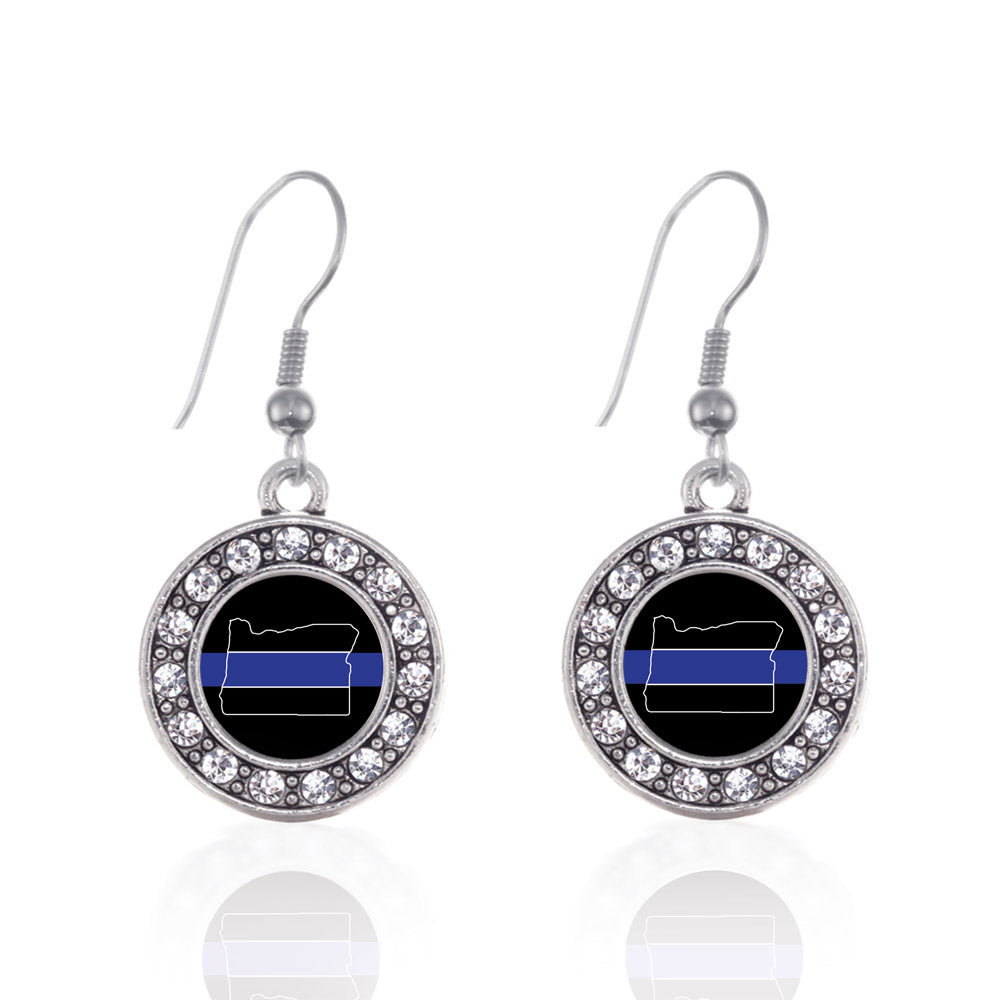 Silver Oregon Thin Blue Line Circle Charm Dangle Earrings