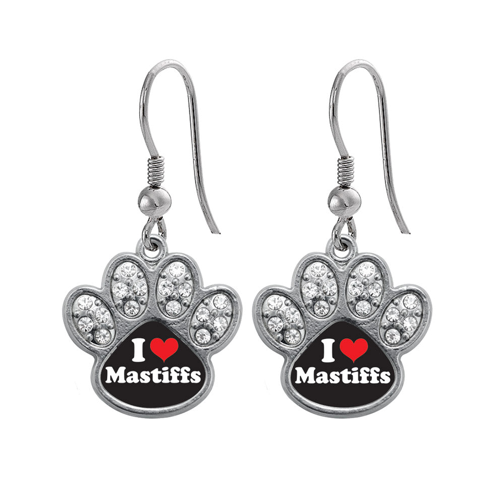 Silver I Love Mastiffs Pave Paw Charm Dangle Earrings
