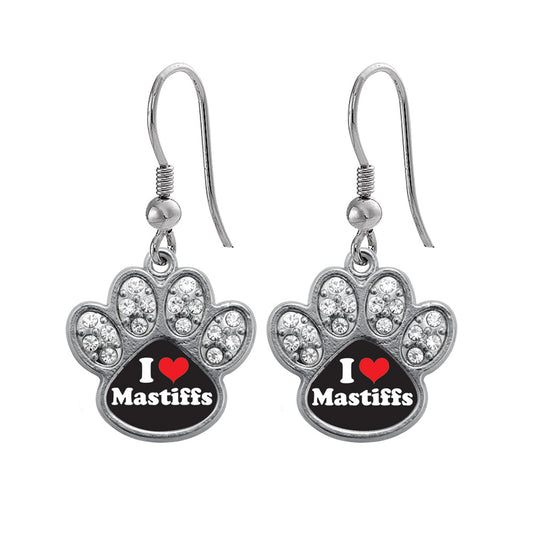 Silver I Love Mastiffs Pave Paw Charm Dangle Earrings