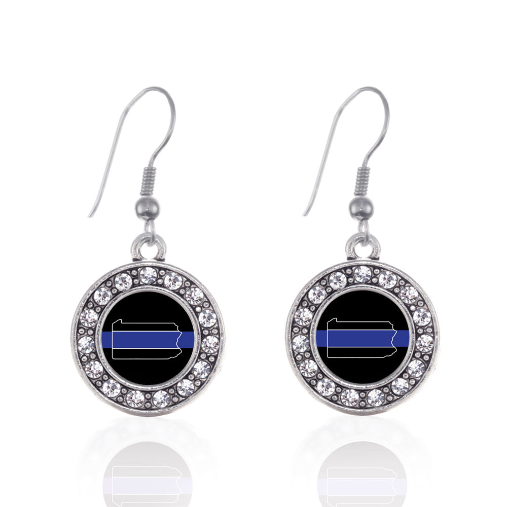 Silver Pennsylvania Thin Blue Line Circle Charm Dangle Earrings