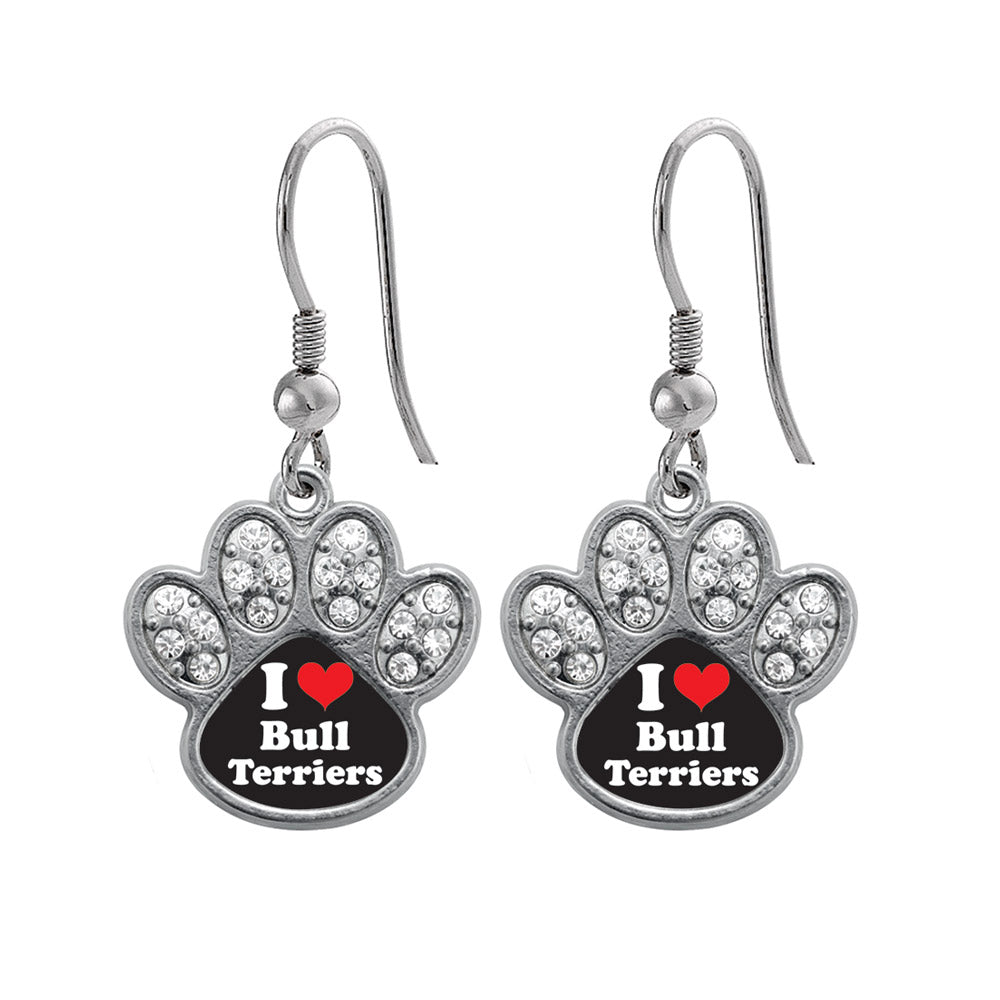 Silver I Love Bull Terriers Pave Paw Charm Dangle Earrings