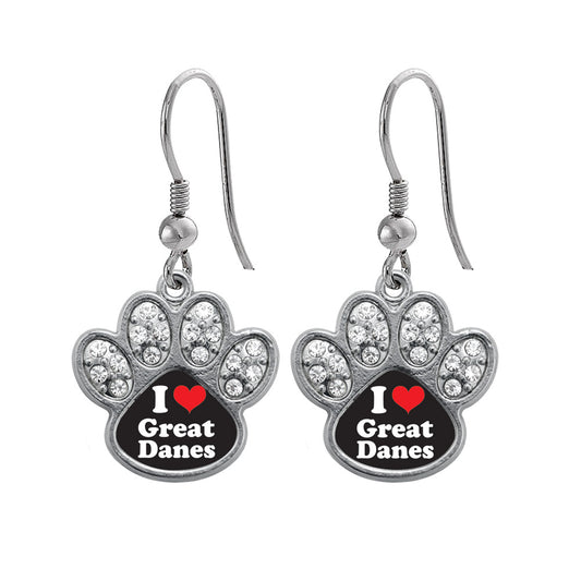 Silver I Love Great Danes Pave Paw Charm Dangle Earrings