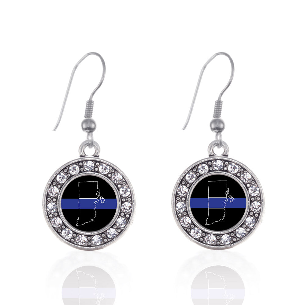 Silver Rhode Island Thin Blue Line Circle Charm Dangle Earrings