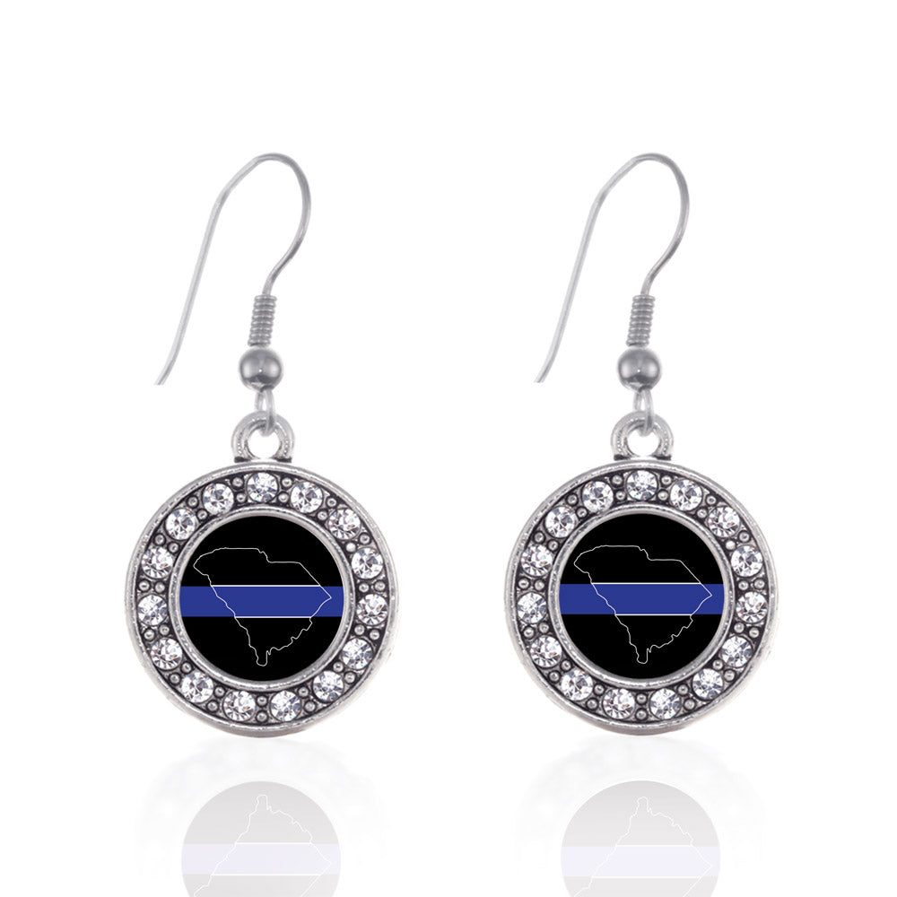 Silver South Carolina Thin Blue Line Circle Charm Dangle Earrings
