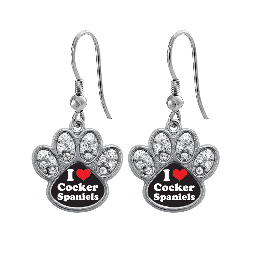 Silver I Love Cocker Spaniels Pave Paw Charm Dangle Earrings