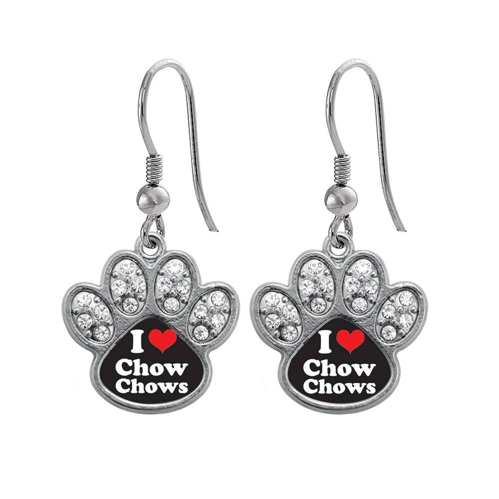 Silver I Love Chow Chows Pave Paw Charm Dangle Earrings