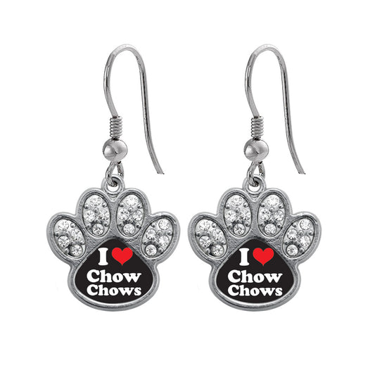 Silver I Love Chow Chows Pave Paw Charm Dangle Earrings