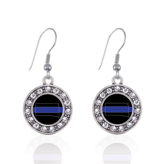 Silver South Dakota Thin Blue Line Circle Charm Dangle Earrings