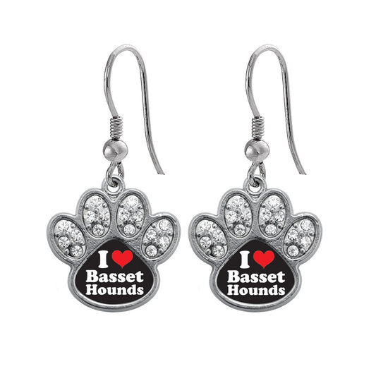 Silver I Love Basset Hounds Pave Paw Charm Dangle Earrings