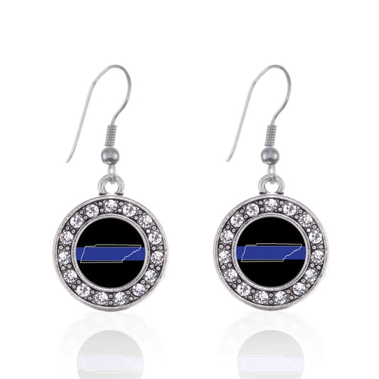 Silver Tennessee Thin Blue Line Circle Charm Dangle Earrings
