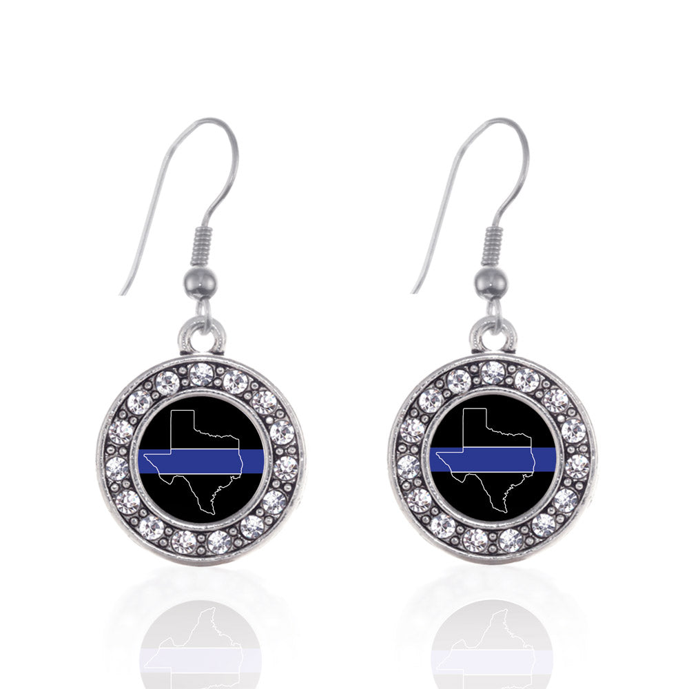 Silver Texas Thin Blue Line Circle Charm Dangle Earrings