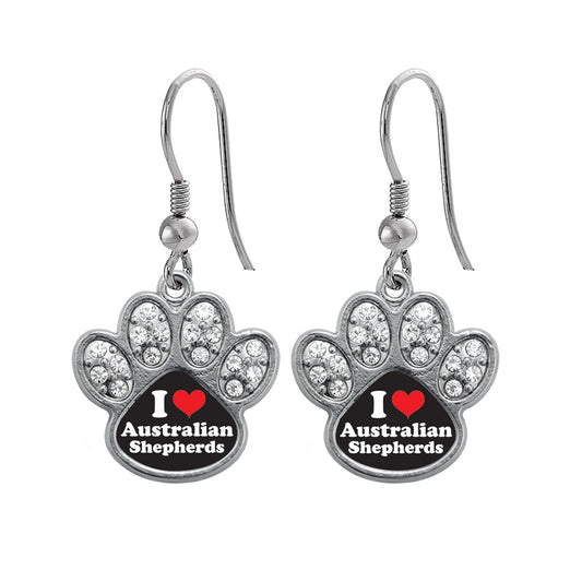 Silver I Love Australian Shepherds Pave Paw Charm Dangle Earrings