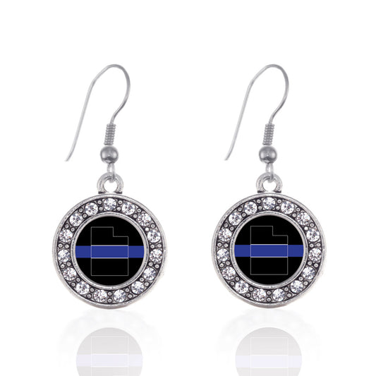 Silver Utah Thin Blue Line Circle Charm Dangle Earrings