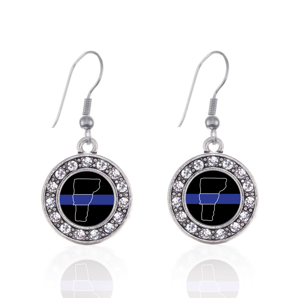 Silver Vermont Thin Blue Line Circle Charm Dangle Earrings