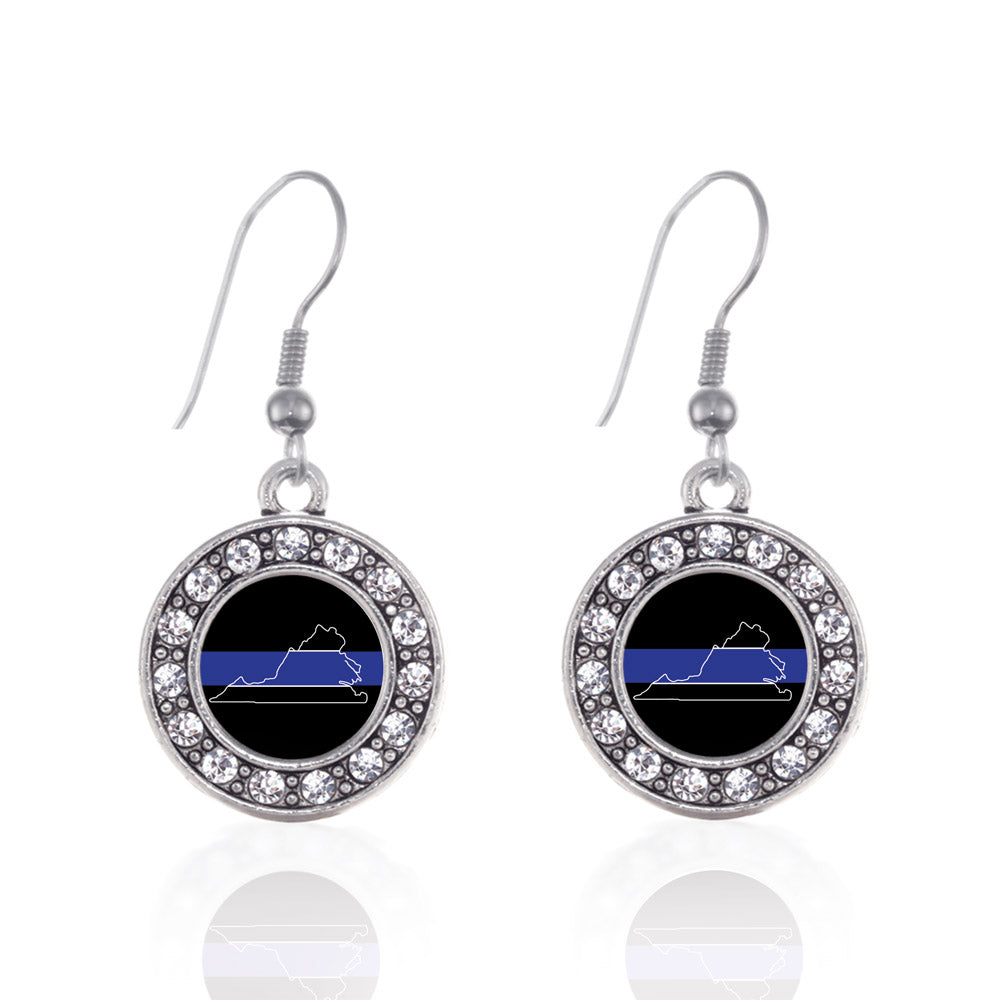 Silver Virginia Thin Blue Line Circle Charm Dangle Earrings