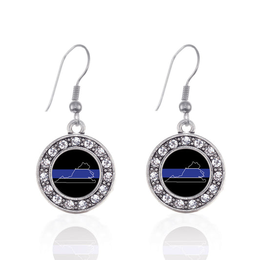 Silver Virginia Thin Blue Line Circle Charm Dangle Earrings