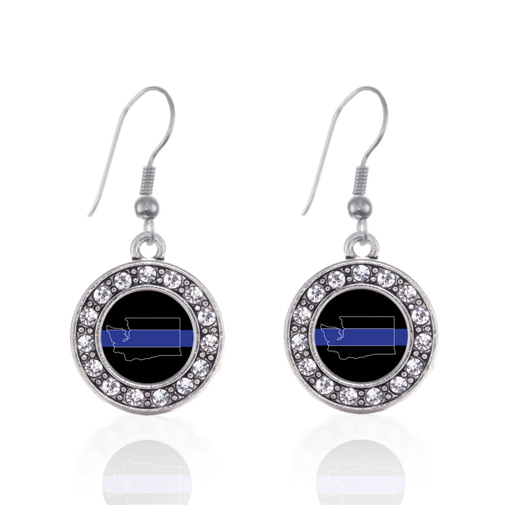 Silver Washington Thin Blue Line Circle Charm Dangle Earrings