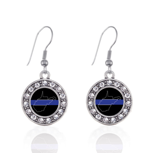Silver West Virginia Thin Blue Line Circle Charm Dangle Earrings